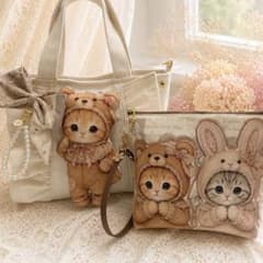 手作り♡デニムリメイクフリル猫トートバッグ＆ポーチセット♡ジョリー