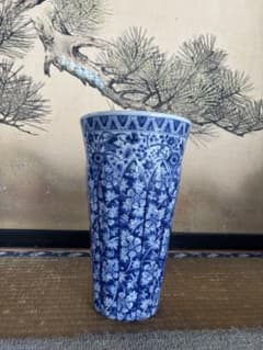 龍峰窯 花風流 染付更紗 反型花瓶 高28㎝ 花瓶 花入 三洋陶器 茶道具