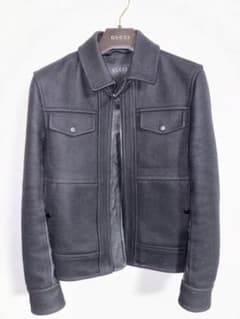 グッチ GUCCI メルトン ウール 袖レザー 切替 ミリタリー ジャケット