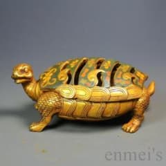 中国古美術 鍍金 純銅製 景泰藍 亀型香炉 香道用 細密細工 古賞物 古