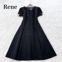 Rene✨ ルネ フレアワンピース ブラック 34 パール　フリル 上品 黒 Rene✨ ルネ フレアワンピース ブラック 34 パール フリル 上品 黒