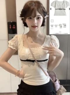 【新品】レース切替配色リボントップスのサムネイル