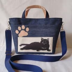 ハンドメイドデニムバッグ 猫柄バッグ 岡山デニム×ピンクベージュ