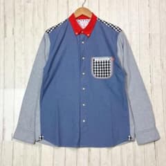 美品　河谷シャツ 異素材切替長袖シャツ パイル　オックスフォード　チェック　L