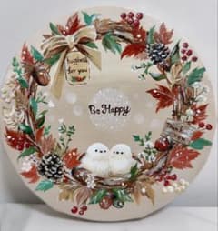 Be Happy❄︎15cm丸型キャンバス❄︎シマエナガと秋のリース❄︎アクリル画のサムネイル
