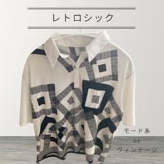ポロシャツ　半袖　古着　モノトーン　レトロ　総柄　スクエア柄　ヴィンテージのサムネイル