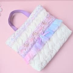 受注製作】レッスンバッグ 手提げ ゆめかわ 夜空 刺繍リボン ハート