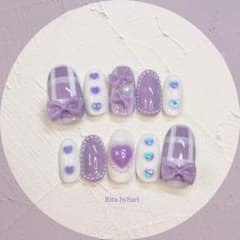 ネイルチップ ギンガムチェックリボン grape purple 量産型ネイルのサムネイル