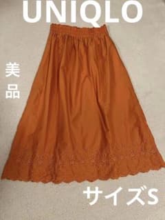 美品　UNIQLO ユニクロ　ロングスカート　オレンジ　刺繍　ウエストゴムのサムネイル