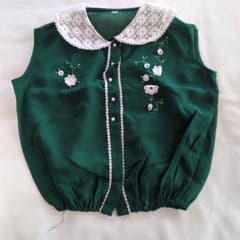 キッズ 半袖ブラウス レース襟 花刺繍 グリーンのサムネイル