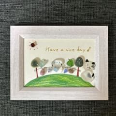 シーグラスアート ネコちゃんとシマエナガとことりのお洗濯Time