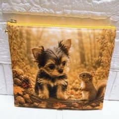 フラットポーチ ハンドメイド 犬柄 秋色わんこ ヨークシャーテリア