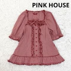 PINK HOUSE 赤ギンガムチェック フリルブラウス リボン付き ピコフリル PINK HOUSE 赤ギンガムチェック フリルブラウス リボン付き ピコフリル