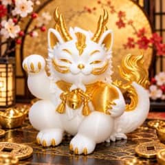 白金招福龍猫】招き猫×龍 フィギュア 開運 インテリア 縁起物 置物