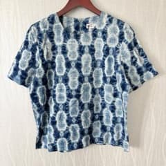 希少✨葡萄の家 絞り染め風 インディゴ調 ブラウス コットン100% 花ボタン