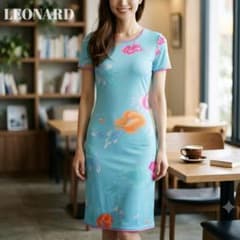 a226【美品】レオナールパリ 花柄ストレッチロングワンピース ブルー
