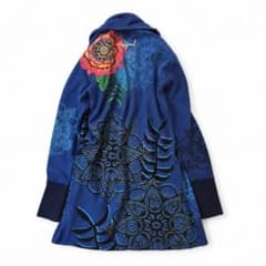 Desigual Long Cardigan, Floral Print, Sequins, Wool Blend, Size M