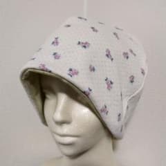 医療用帽子　ケア帽子　綿ニット　小花柄×杢イエローのサムネイル