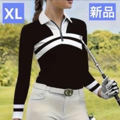【Brand New/XL Size】Women's Golf Wear Long-Sleeve Polo Shirt Black x White