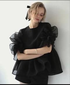 フリル付きブラックシフォン半袖トップスのサムネイル