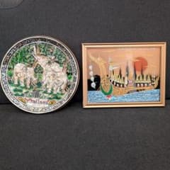 タイ お土産 置物 2点セット 象プレート＆額入りアート インテリア