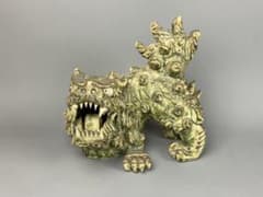 細密細工 名工 村瀬甲二 作 瀬戸焼 手び練り作家 黄瀬戸焼の獅子 阿像 古瀬戸 細密細工 名工 村瀬甲二 作 瀬戸焼 手び練り作家 黄瀬戸焼の獅子 阿像
