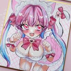 手描きイラスト オリジナル ツインテールの猫メイドちゃん 猫耳 原画