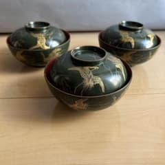 木製輪島塗 漆器 沈金花絵 蒔絵 懐石道具 塗椀 3客 幕末〜明治 古