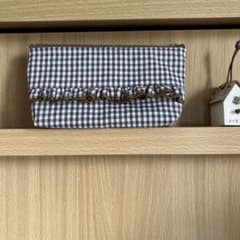 ハンドメイド☆フリルペンケースポーチ☆ギンガムチェックブラウンのサムネイル