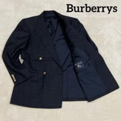 【Burberry】美品✨銀ボタン ダブルスーツ L ネイビー　タスマニアウール バーバリーズ 紺ブレ ダブルジャケット 金ボタン チェック タスマニア