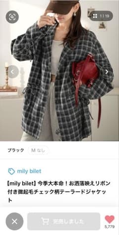 mily bilet リボン付き チェック柄テーラードジャケット ブラック Lのサムネイル