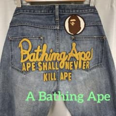希少 A・BATHING APE バック刺繍 デニムパンツ インディゴ M 裏原 