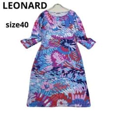 希少 LEONARD ボタニカル 五分袖 ワンピース チュニック 総柄 ブルー系