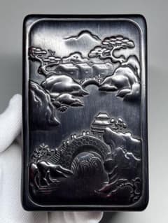 木製 小物入れ 硯箱 山水紋 浮き彫り 極細工 文房具 中国美術 唐木黑檀