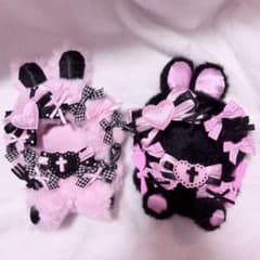 おすわりぬい服 12-14cm うさ耳 黒×ピンク うさぎ着ぐるみ 双子 ペア