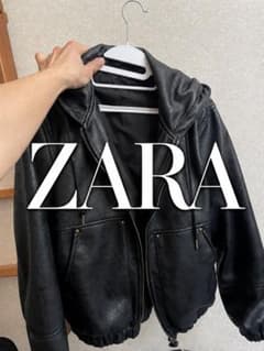 ZARA フード付きレザージャケット ブラックのサムネイル