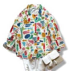 極美品◇ホコモモラ プリントブラウス コットンレース マルチカラー 40 