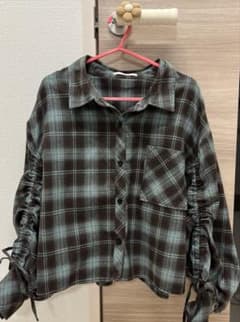 チェック柄シャツ ブラウン&ミントグリーン 袖ギャザー リボンのサムネイル