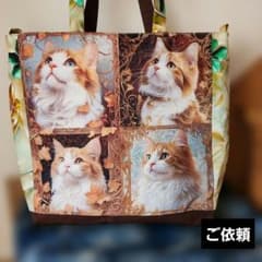 ハンドメイド、猫ちゃんパネル生地、ビッグサイズトート - メルカリ