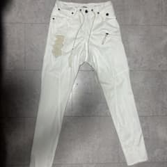 kmriiケムリ ストレッチホワイトデニムダメージサルエルパンツ レザー