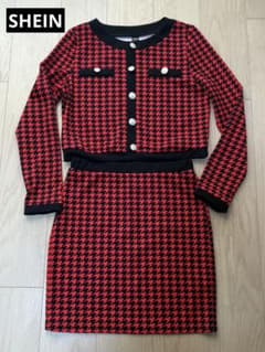 【美品】SHEIN 千鳥格子柄 セットアップ 長袖　ミニスカート　赤黒　金ボタンのサムネイル