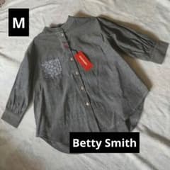 Betty Smith 長袖シャツ 綿100%バンドカラー 花柄ポケット Mのサムネイル