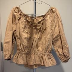 ✨美品✨ユニクロ 刺繍 ギャザーブラウス リボン 七分袖 ベージュ S ゆったりのサムネイル