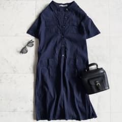 【美品】 セオリーリュクス 近年モデル シャツワンピース マキシ丈 リネン混 人気 セオリーリュクス リネン混 半袖シャツワンピース ネイビー