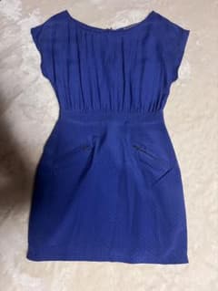 Forever21 シルク　青いドット柄半袖ひざ丈ワンピース