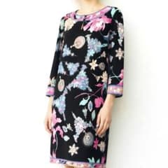 美品 レオナール カンカンワンピース 花柄プリント フラワートリム 40