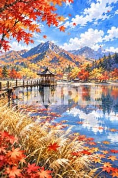 2052 紅葉の湖畔 風景画 2L判 水彩画風 和風アート 山と湖 秋 - メルカリ