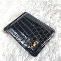 イヴ・サンローラン マネークリップ クロコ型押し レザー ブラック YSL