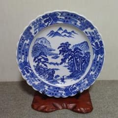 ☆[有田焼]山水画 染付 飾り皿 輪花皿 14寸ジャンボ陶磁器(新品、未