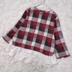 【a.v.v アーヴェヴェ】レイヤード風✨チェック柄カットソー S 赤 茶